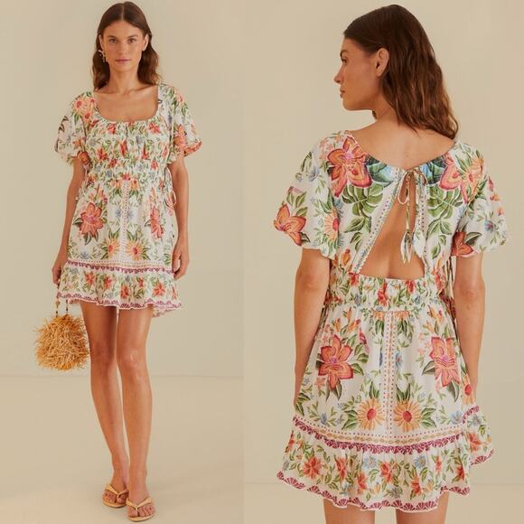 Farm Rio Off-White Bloom Garden Euroflax Premium Linen Mini Dress L - Picture 1 of 8
